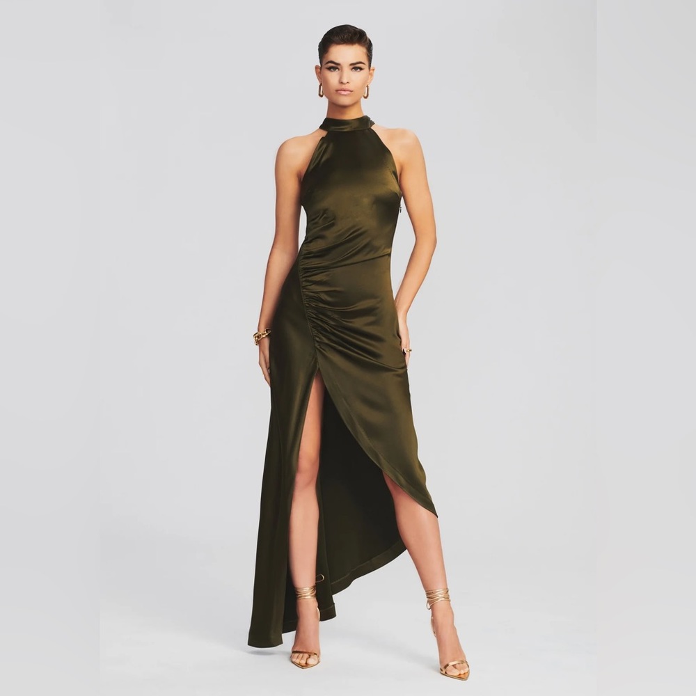 Retrofete Olive green mock neck slit gown